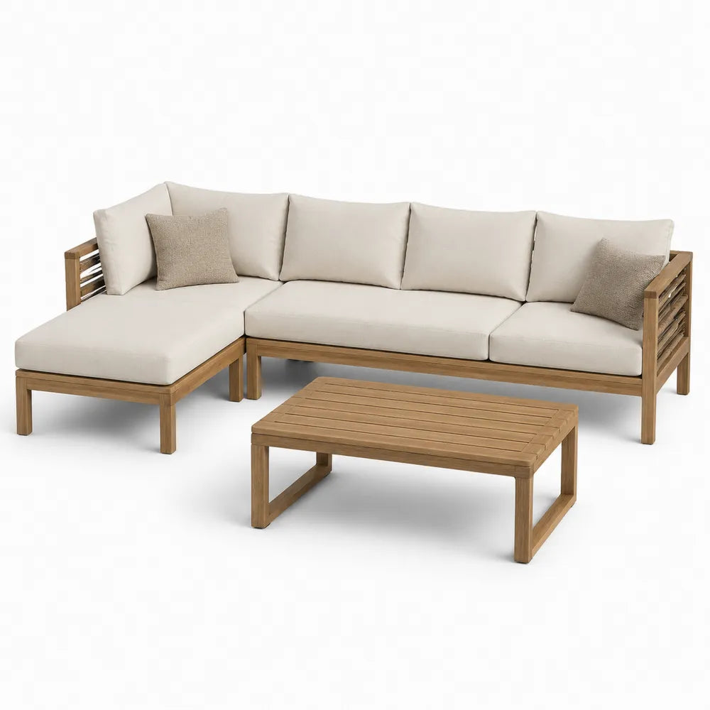 Gartenlounge Set 4-teilig L-förmiges Gartensofa mit Couchtisch Holz Natur Beige Akazienholz mit Polstern