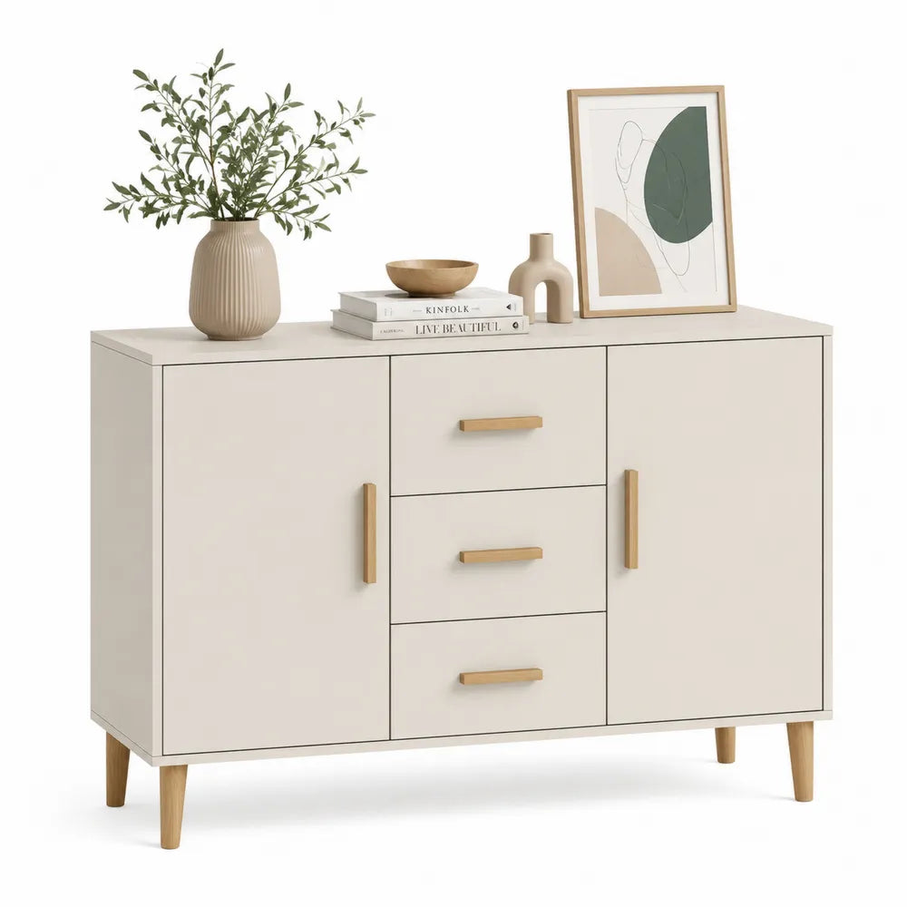 Sideboard Kommode mit 3 Schubladen und 2 Türen MDF Holzwerkstoff Naturholz Cremeweiß rechteckig 120 x 40 x 80 cm