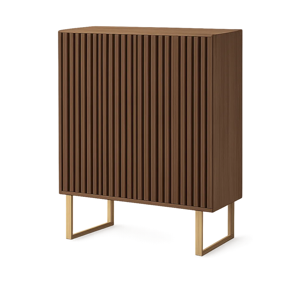 Sideboard mit Türen MDF Holzfurnier Walnussoptik vertikal gerillte Front goldfarbene Metallfüße rechteckig 80 cm x 40 cm x 90 cm