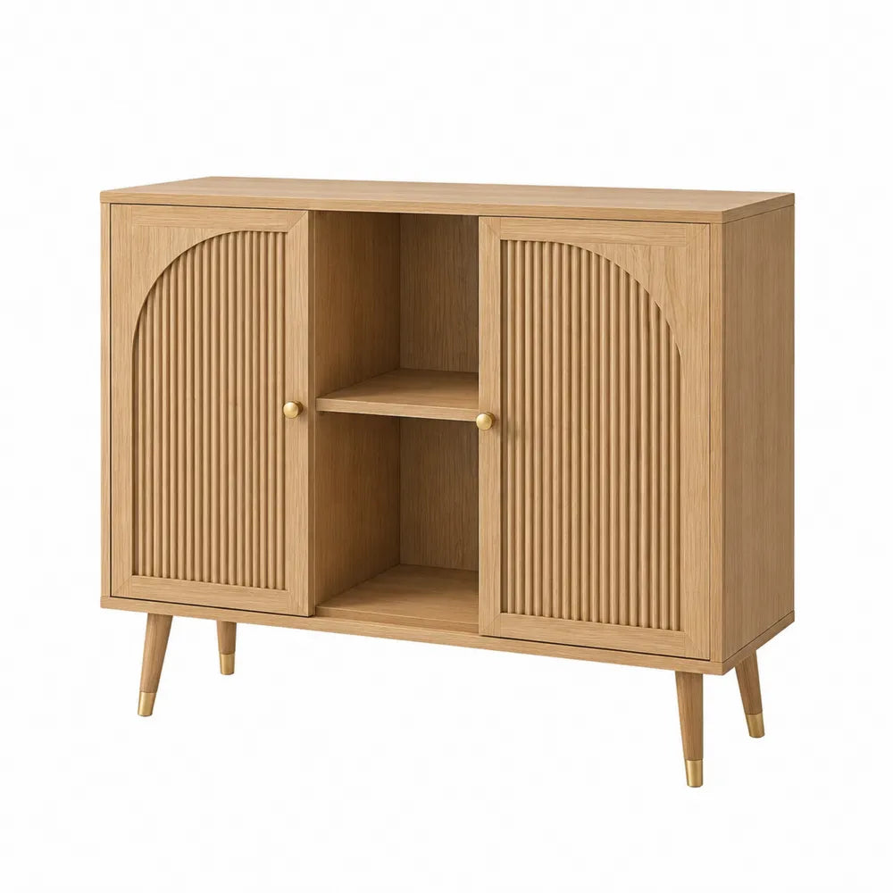 Sideboard 120 cm x 40 cm x 80 cm Holz Eicheoptik Rillenfront Türen offen Fach rechteckig Naturholz Gold