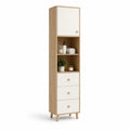 Badezimmer Hochschrank 40 cm x 30 cm x 170 cm MDF Eichenoptik Weiß Holzbeine mit Tür offenem Fach und drei Schubladen