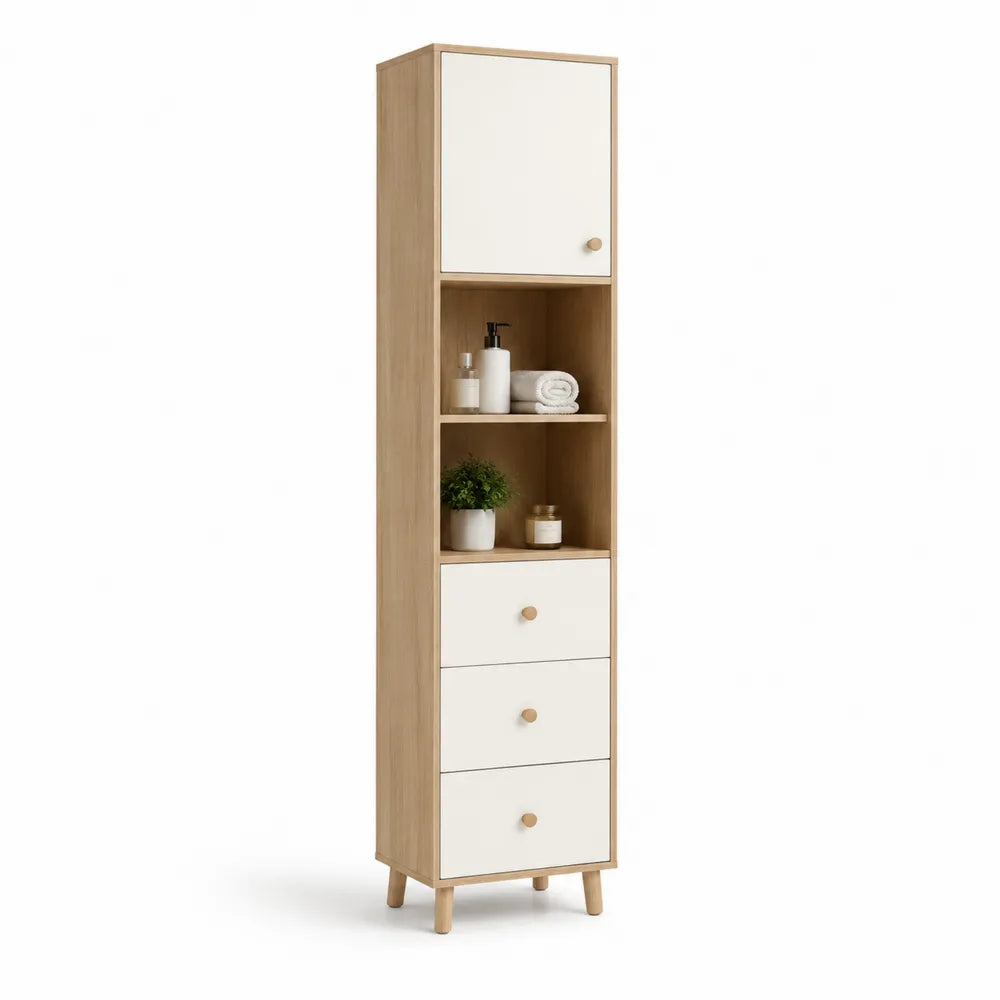 Badezimmer Hochschrank 40 cm x 30 cm x 170 cm MDF Eichenoptik Weiß Holzbeine mit Tür offenem Fach und drei Schubladen