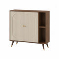 Sideboard 120 cm x 40 cm x 85 cm Holz Walnussoptik Rillenfront Beige Gold rechteckig mit Türen und offenen Fächern