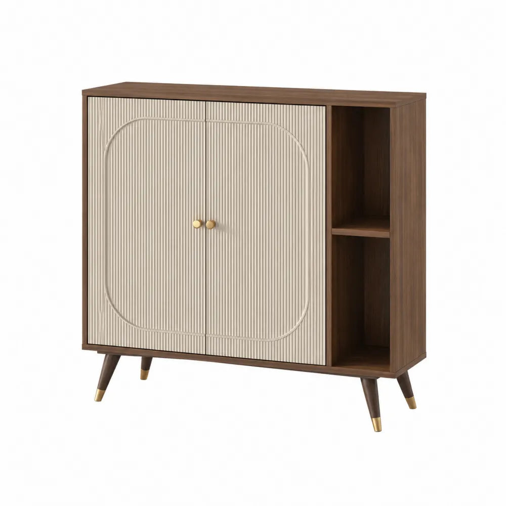Sideboard 120 cm x 40 cm x 85 cm Holz Walnussoptik Rillenfront Beige Gold rechteckig mit Türen und offenen Fächern