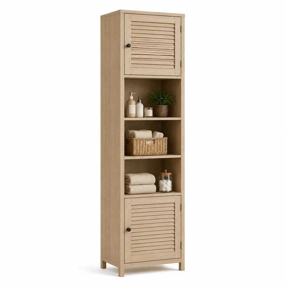 Badezimmer Hochschrank 36 x 33 x 160 cm mit Lamellentüren und offenen Fächern Bambus Naturholz rechteckig Schwarz