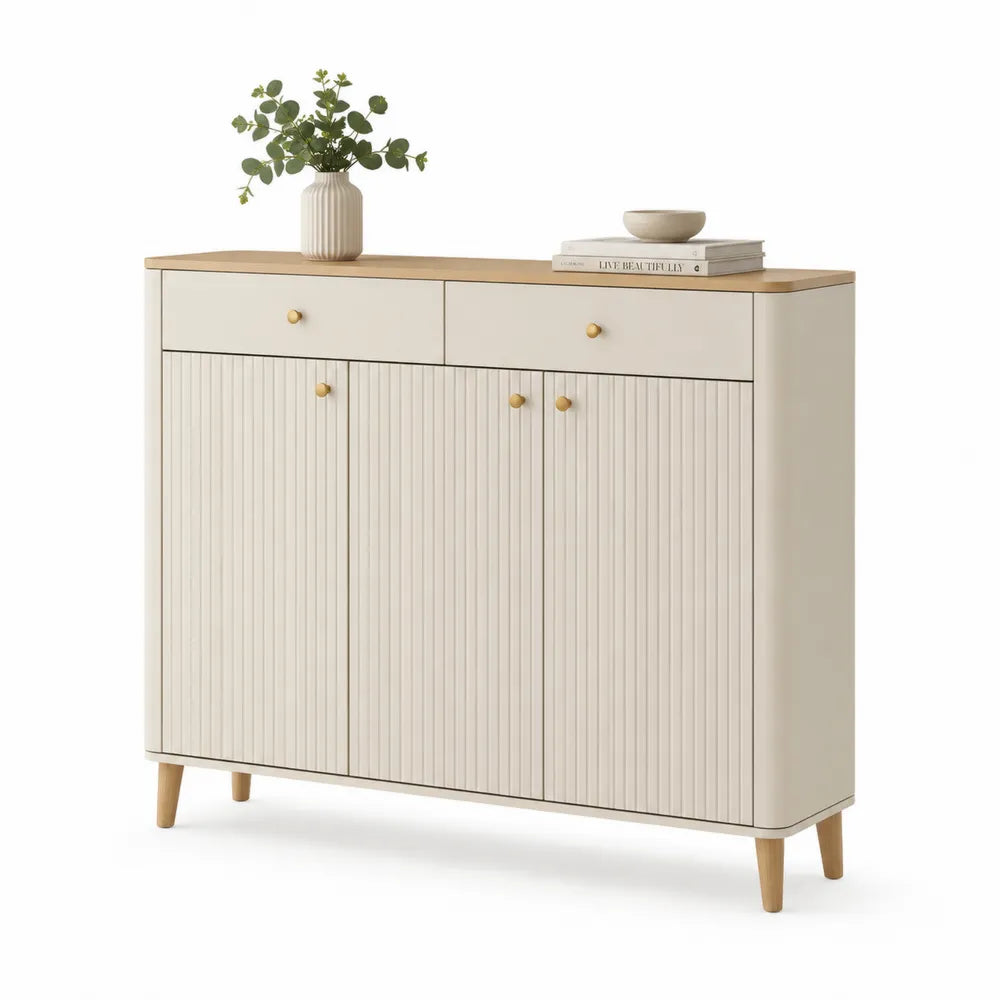Schuhschrank 120 x 35 x 100 cm mit 2 Schubladen und 3 Türen MDF Eichenoptik Cremeweiß Goldfarben rechteckig
