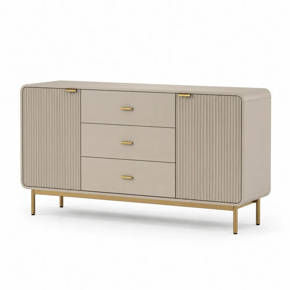 Sideboard mit 3 Schubladen und 2 Rillen Türen MDF Spanplatte Beige Gold Metallbeine 160 cm 40 cm 80 cm