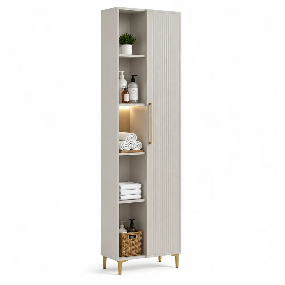 Badezimmer Hochschrank 40 x 30 x 180 cm MDF Beige Lamellentür offenes Fach Metallfüße Gold