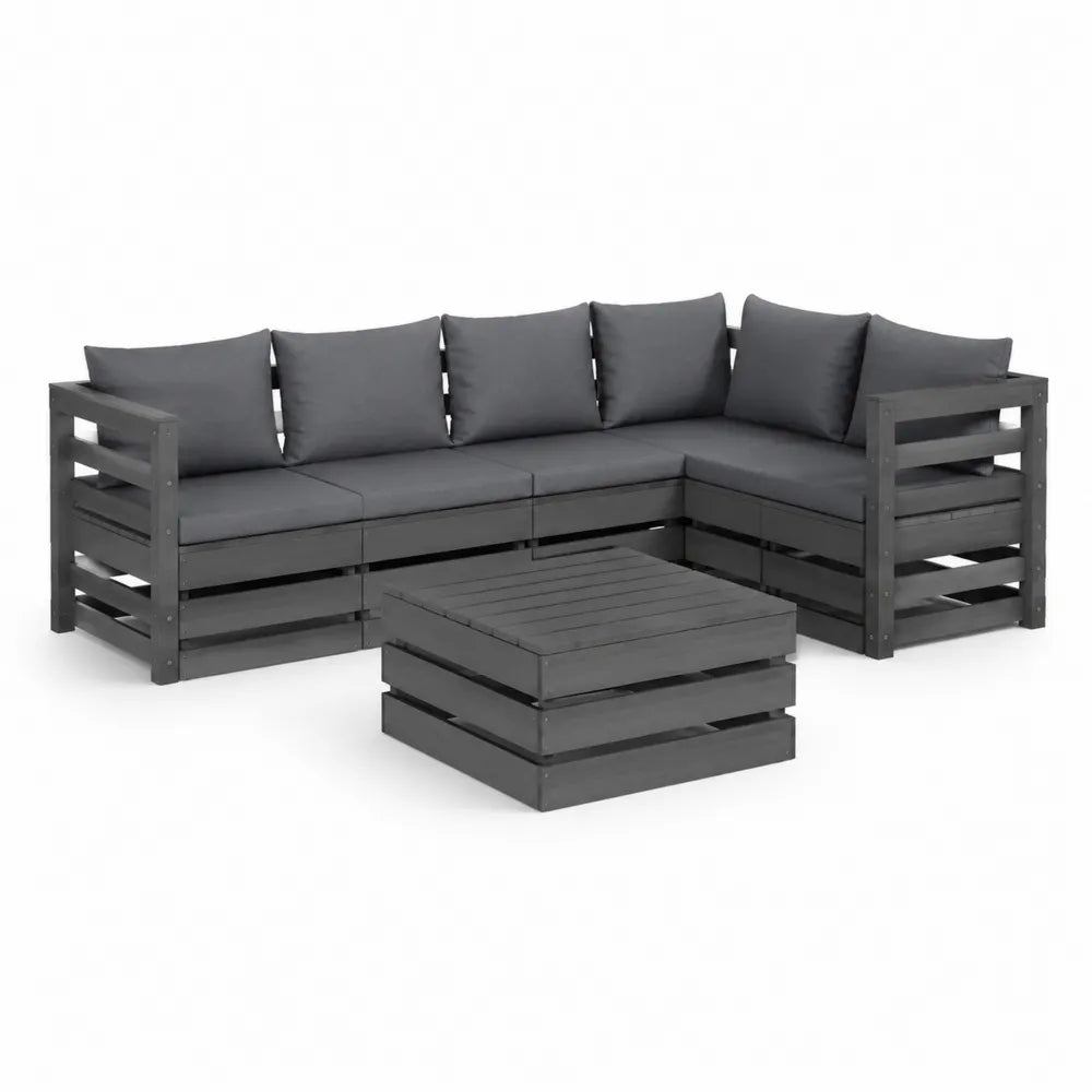 Gartensofa Set 3-teilig L Form Outdoor Lounge Sofa Holzrahmen dunkelgrau Kissen Polyester Couchtisch Holz 200 x 200 x 70 cm Tisch 70 x 70 x 35 cm