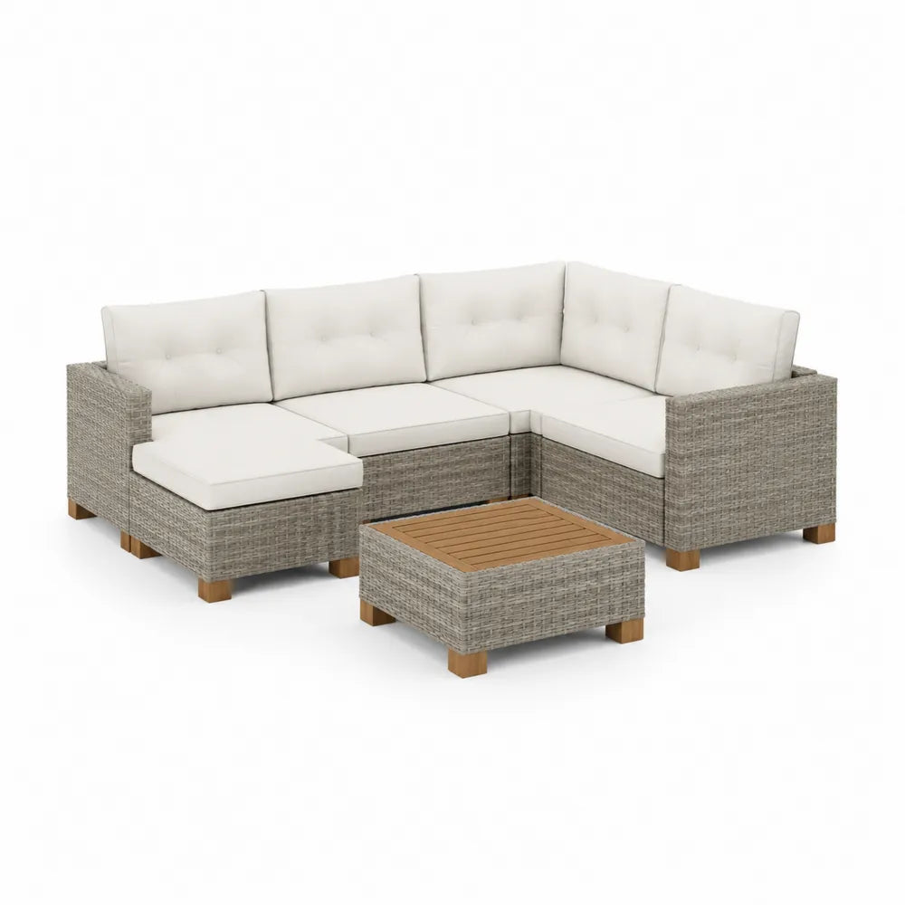 Gartenlounge Set L-Form 4-Sitzer Sofa mit Couchtisch PE-Rattan Aluminium Akazienholz Natur Beige Grau