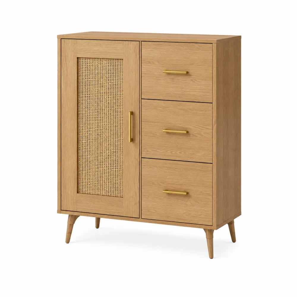 Sideboard Kommode Schrank mit 1 Rattantür und 3 Schubladen Holzwerkstoff Eiche hell Naturholz Gold 100 cm 40 cm 120 cm Holzbeine