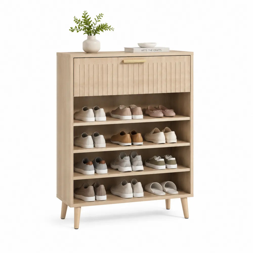 Schuhschrank Aufbewahrungsmöbel mit 1 Schublade 4 offenen Ablagefächern MDF melaminbeschichtet Rillenfront Naturholz rechteckig 80 x 30 x 120 cm