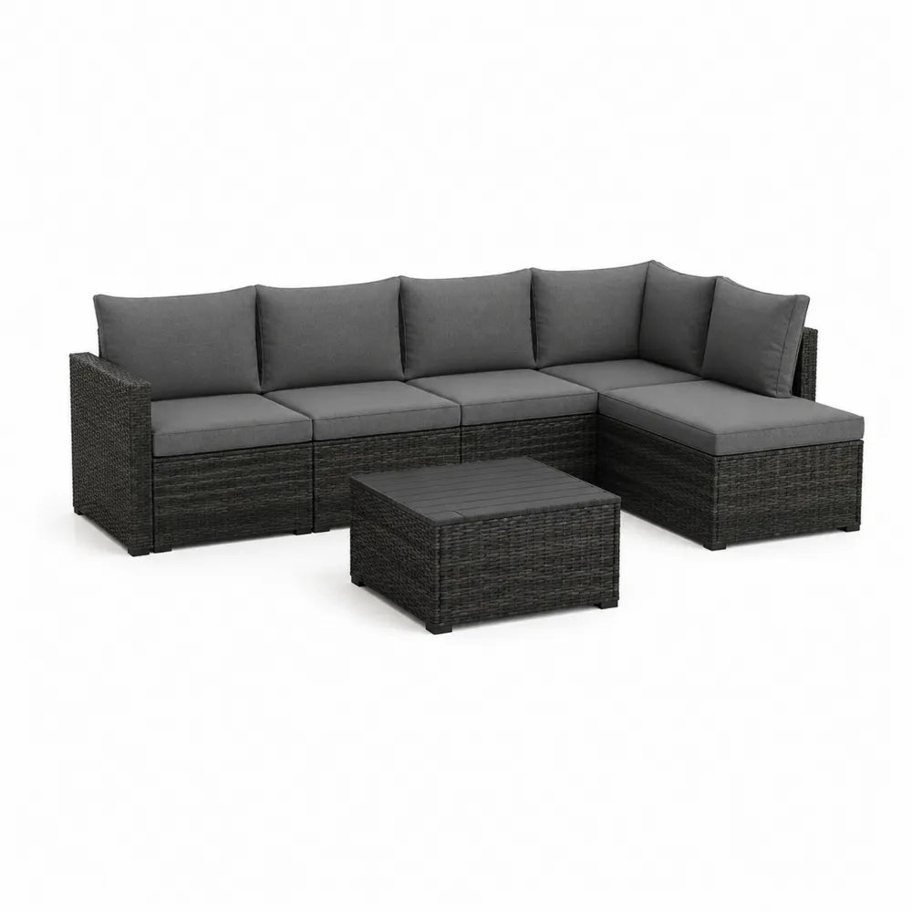 Gartensofa Set L Form 5 Sitzer PE Rattan Stahlgestell dunkelgrau Schwarz Outdoor Lounge Sofa mit Couchtisch 260 x 200 x 68 cm Tisch 70 x 70 x 32 cm