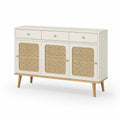 Sideboard Kommode mit 3 Schubladen und 3 Türen Rattan MDF Spanplatte Cremeweiß Naturholz Beine rechteckig 120 x 40 x 80 cm