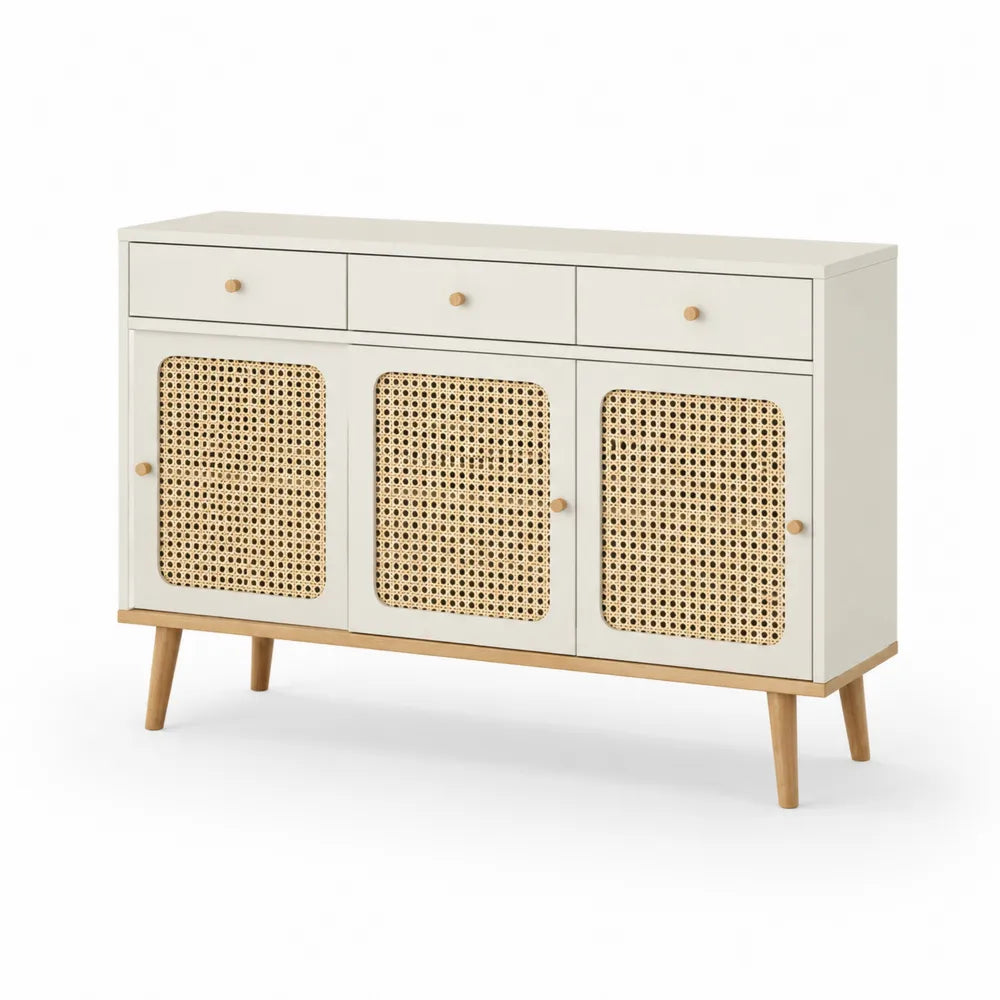 Sideboard Kommode mit 3 Schubladen und 3 Türen Rattan MDF Spanplatte Cremeweiß Naturholz Beine rechteckig 120 x 40 x 80 cm