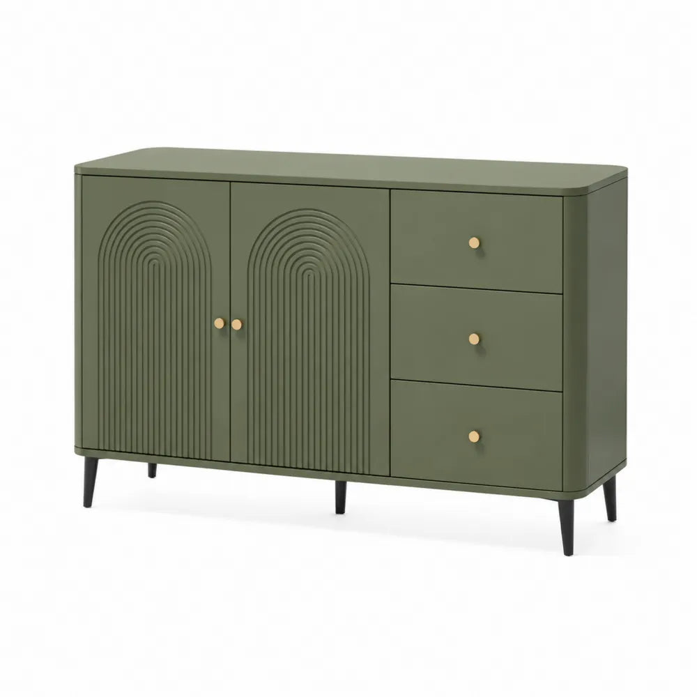 Sideboard Kommode mit 2 Türen und 3 Schubladen Rillenfront MDF Spanplatte Olivgrün 120 cm 40 cm 80 cm Metallbeine