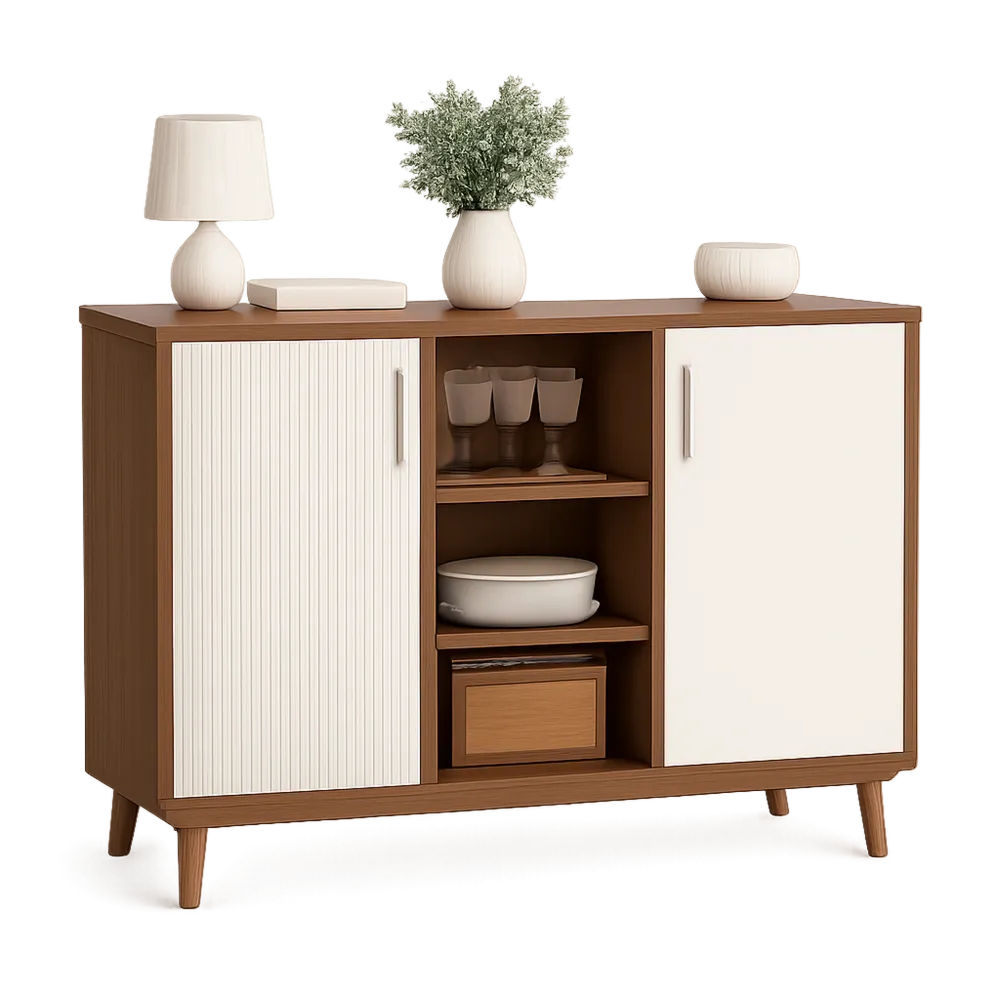 Sideboard mit Türen und offenen Fächern MDF Holzwerkstoff Walnussoptik Weiß Gold rechteckig ca. 120 x 40 x 85 cm