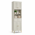 Badezimmer Hochschrank 45 cm x 32 cm x 180 cm MDF Cremeweiß Lamellentüren offenes Fach Schublade Metallfüße Gold