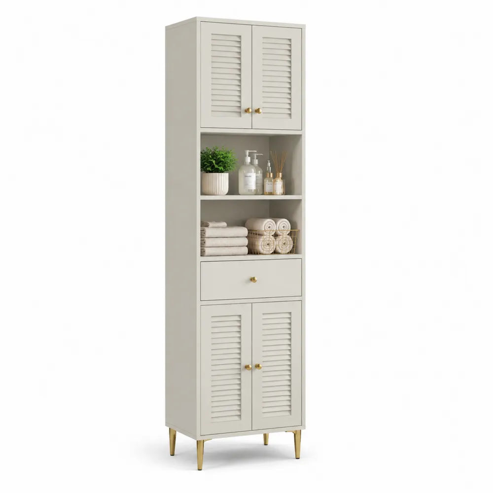 Badezimmer Hochschrank 45 cm x 32 cm x 180 cm MDF Cremeweiß Lamellentüren offenes Fach Schublade Metallfüße Gold