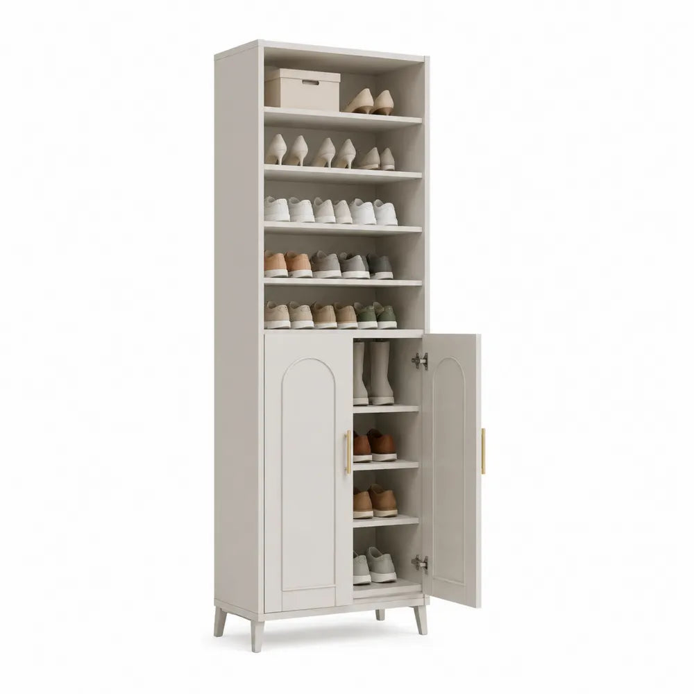 Schuhschrank 80 cm x 35 cm x 180 cm MDF Cremeweiß Beige Gold mit offenen Fächern und zweiflügeliger Tür rechteckig