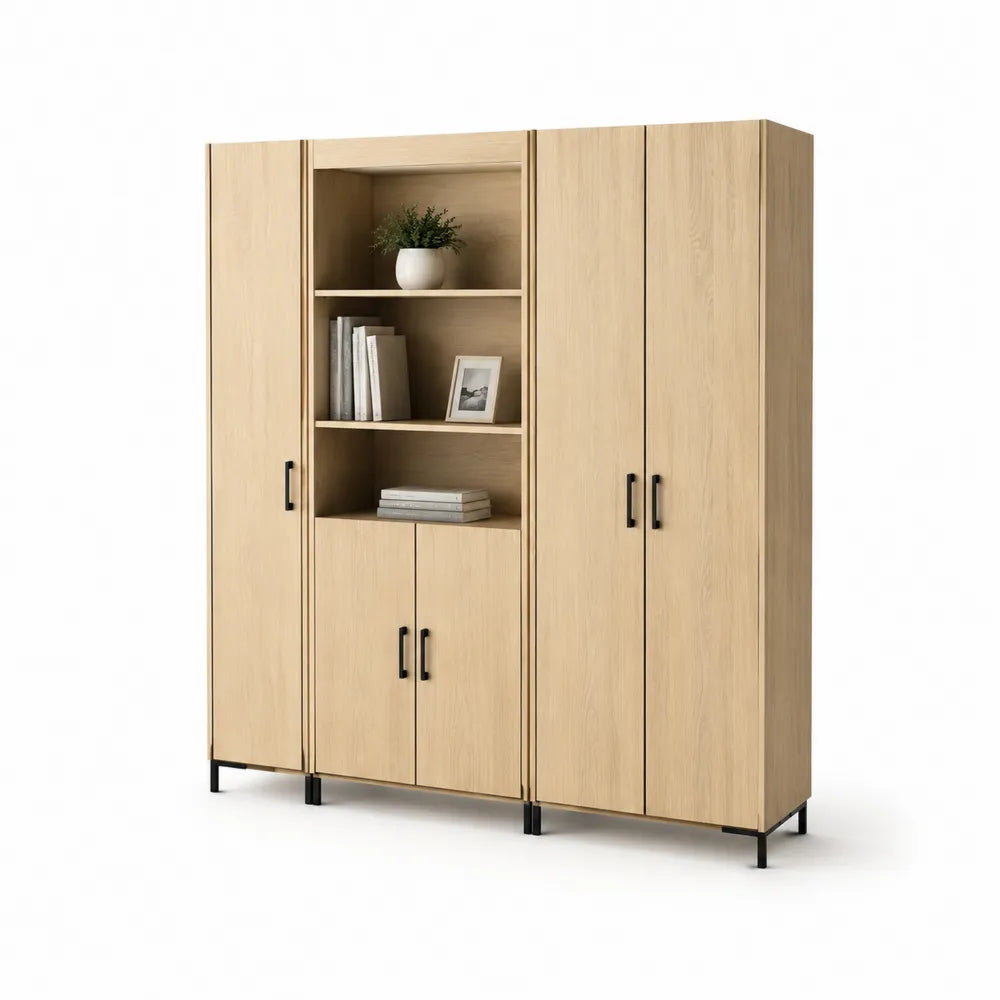 Highboard Sideboard mit 5 Türen und offenen Fächern MDF Spanplatte Eiche hell Schwarz 160 cm 40 cm 180 cm Metallbeine